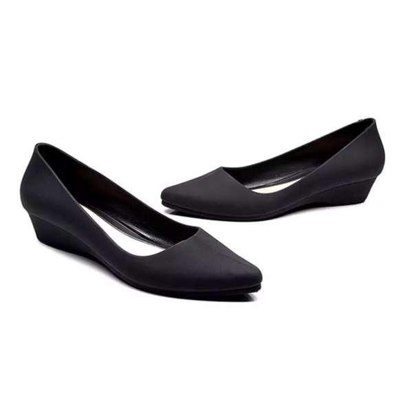 Alina Shoes - Matte Black jelly waterproof point toe wedge flats
